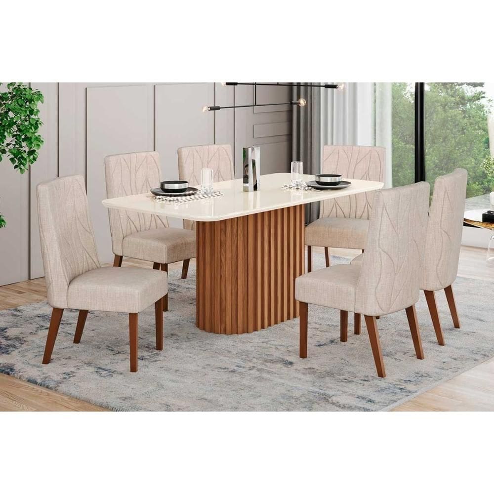 Conjunto: Mesa de Cozinha Solana c/ Tampo Madeirado c/ Vidro Curvo 160x90cm e 6 Cadeiras Eloa Nature/Suede Light Linho - Henn