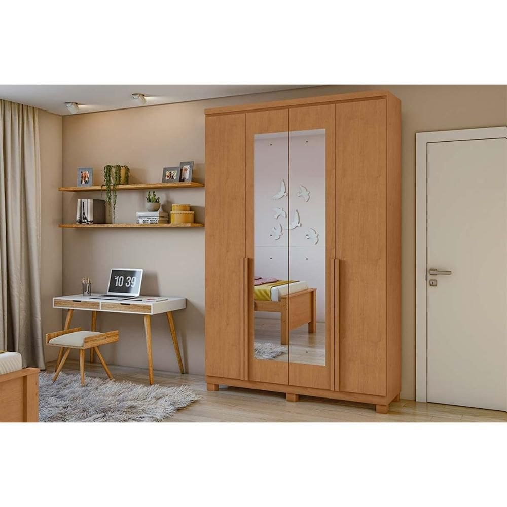 Guarda Roupa Casal 4 Portas (2 c/ Espelho) e 2 Gavetas c/ Pés Alonzo Amendoa - Lopas