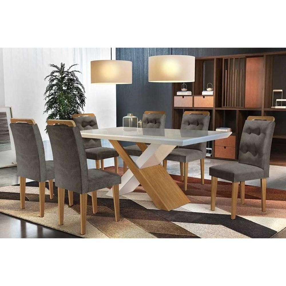Conjunto: Mesa de Cozinha Imperatriz Tampo Madeirado c/ Vidro Canto Curvo 180x90cm e 6 Cadeiras Imperatriz Imbuia/Grafite - Rufato