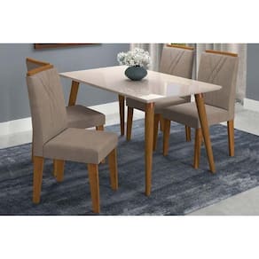 Mesa Cozinha Adele Madeira Maciça Tampo Madeirado c/ Vidro 130X80cm e 4 Cadeiras Nicole Madeirado/Off White- Suede Pluma-Joli C-Cimol