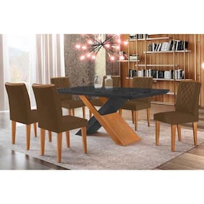 Conjunto: Mesa de Cozinha Imperatriz Tampo Madeirado c/ Vidro Canto Curvo 180x90 e 6 Cadeiras Jade Imbuia/Grafite - Suede Marrom - Rufato