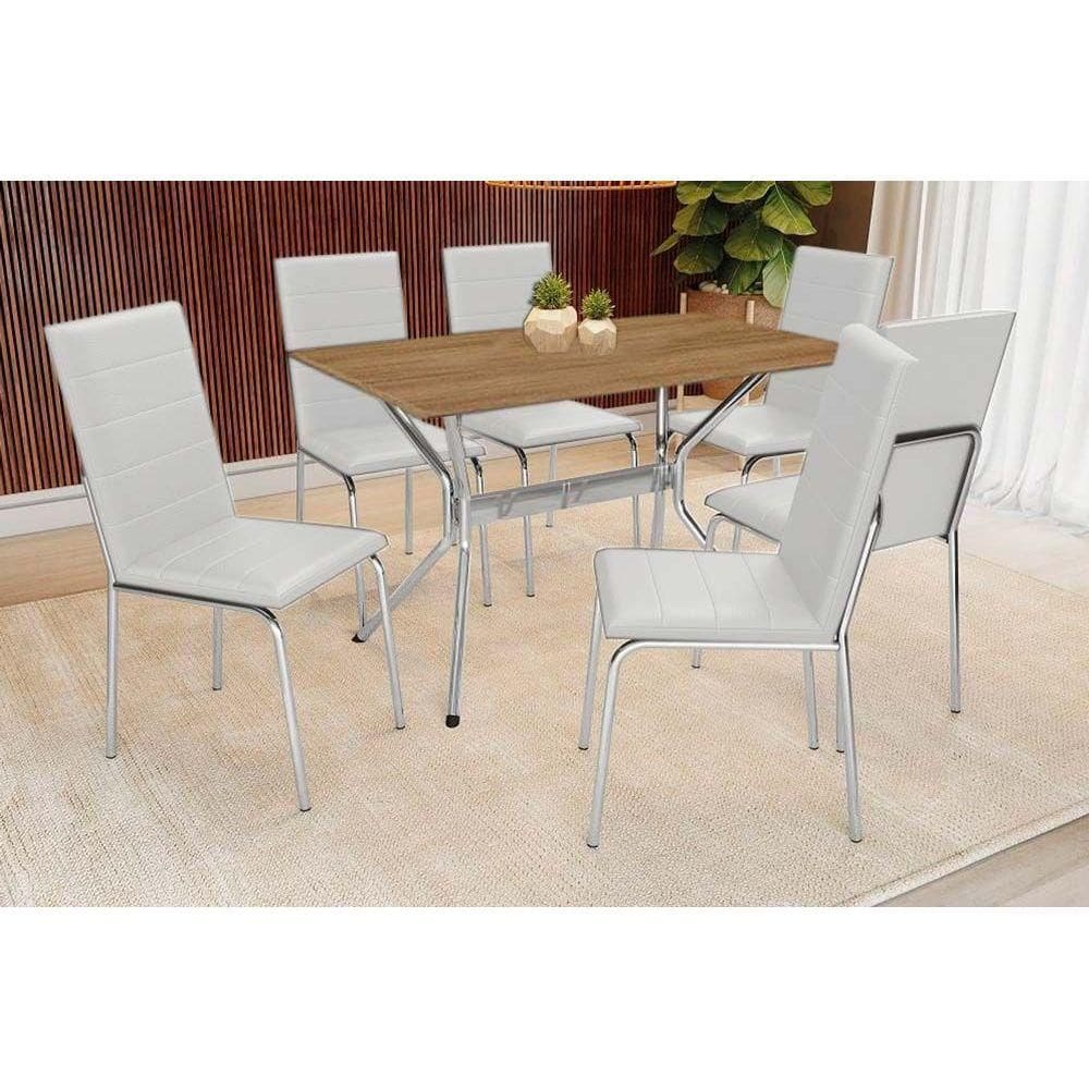 Conjunto: Mesa de Cozinha Loire c/ Tampo de Madeira 160cm e 6 Cadeiras Amsterdã Cromada/Branco 106 - Kappesberg