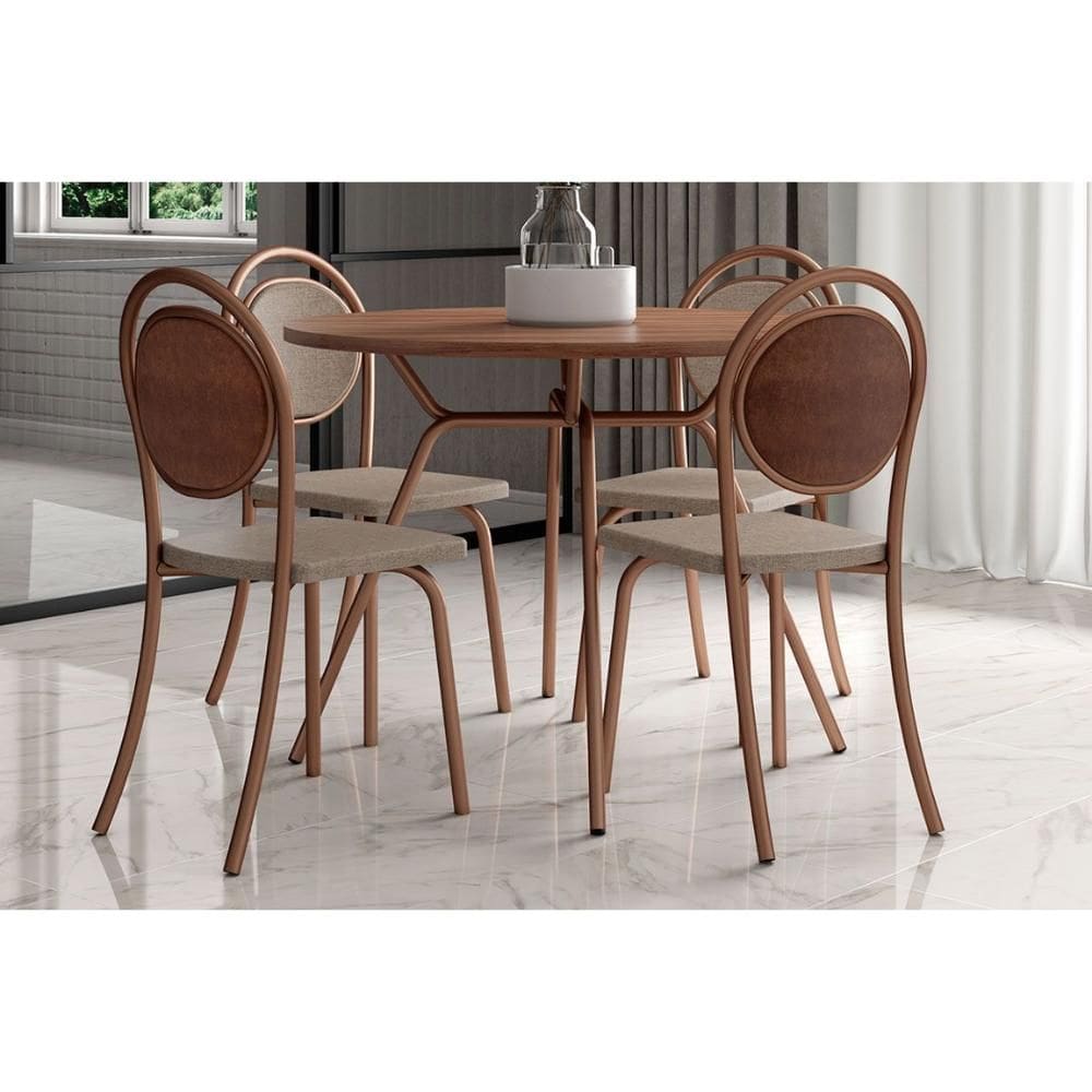 Conjunto: Mesa de Cozinha 1588 c/ Tampo Madeirado 100cm e 4 Cadeiras 1738 Freijo/Rose - Cobre/Linho Areia/Courino Carame - Carraro