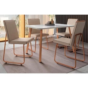 Conjunto Mesa Ariel Menor 1602 Tampo Madeirado c/ Vidro 120x80cm e 4 Cadeiras Lira Gelo/Off White Rose - Cobre/Linho Areia/-Carraro