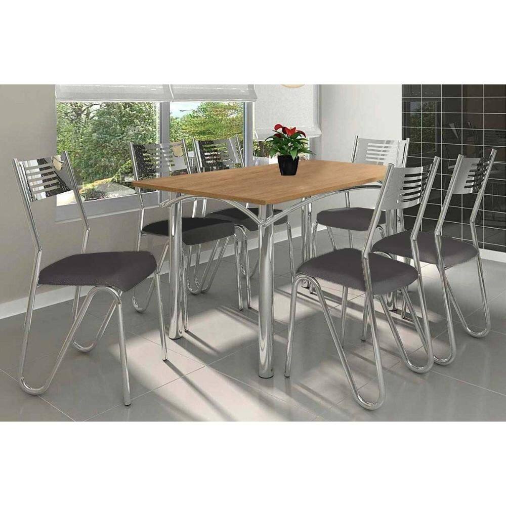 Conjunto: Mesa de Cozinha Elba c/ Tampo de Madeira 160cm e 6 Cadeiras Nápoles Cromada/Nogueira - Courano Preto - Kappesberg