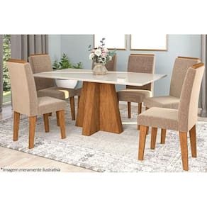 Conjunto: Mesa de Cozinha Patricia c/ Tampo Madeirado c/ Vidro Canto Reto 160x80cm e 6 Cadeiras Taís Savana/Nature-Suede Pluma/Joli Capuccino - Cimol