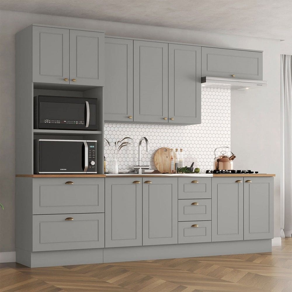Cozinha Completa Americana 10 Portas 5 Gavetas 100% Mdf Cinza Natural - Henn