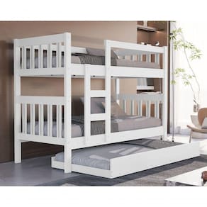 Beliche Infantil Com Cama Auxiliar Mdf Reforçado Cor Branco Vira 2 Camas Com 3 Colchões Inclusos