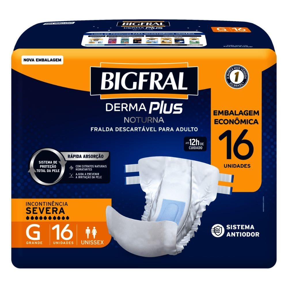 Fralda Geriátrica Bigfral Derma Plus Noturna Unissex Tamanho G  Descartável com 16 Unidades