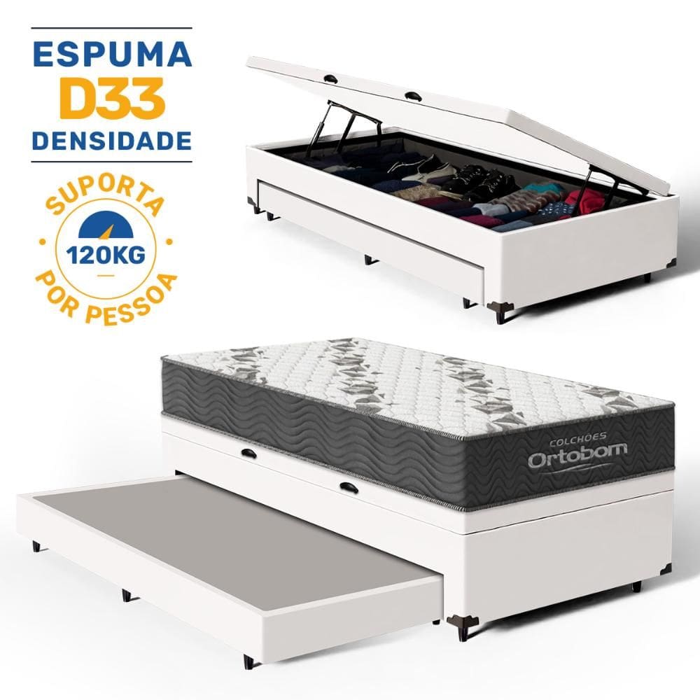 Cama Box Baú com Colchão de Espuma D33 Ortobom Airtech 100 + Auxiliar Unique Solteiro 88cm