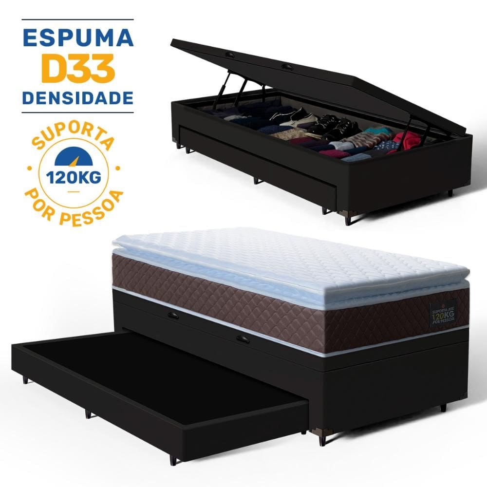 Cama Box Baú com Colchão de Espuma D33 Pillow Top Comfort Luxo + Auxiliar Unique Solteiro 88cm
