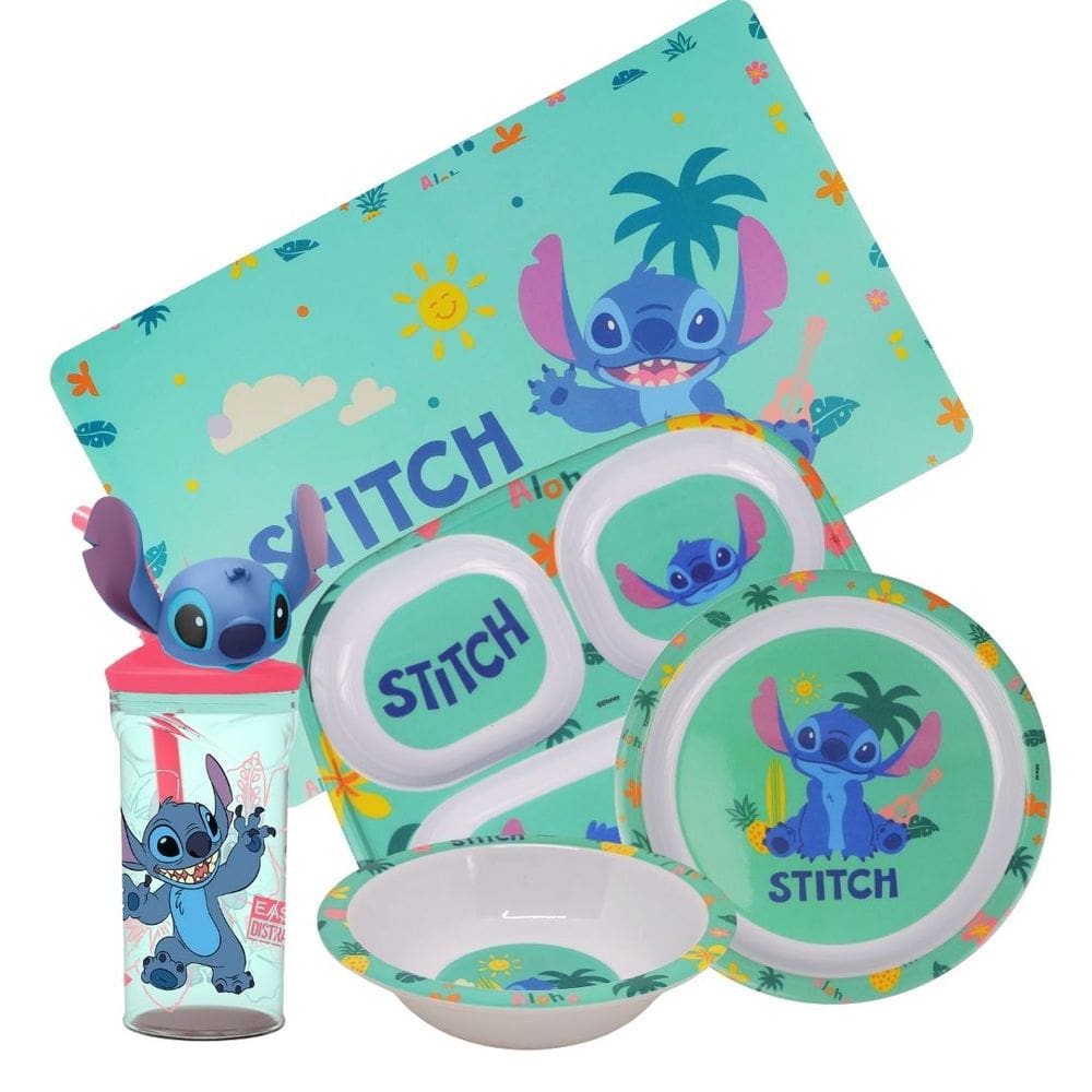 Jogo Refeição Infantil Melamina Stitch Disney 5 Peças Com Lugar Americano - Tuut