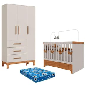 Berço Americano Mini Cama com Gaveta Antonella e Guarda Roupa 3 Portas Pega Pega Off White Caramelo com Colchão Ortobom - Canaã