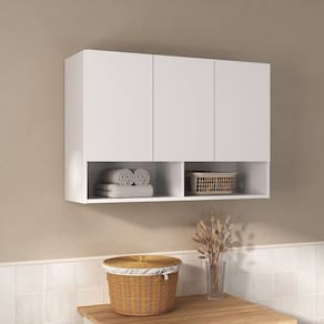 Armário Aéreo Milão Multiuso Cozinha Lavanderia Banheiro 3 Portas e 2 Nichos Branco