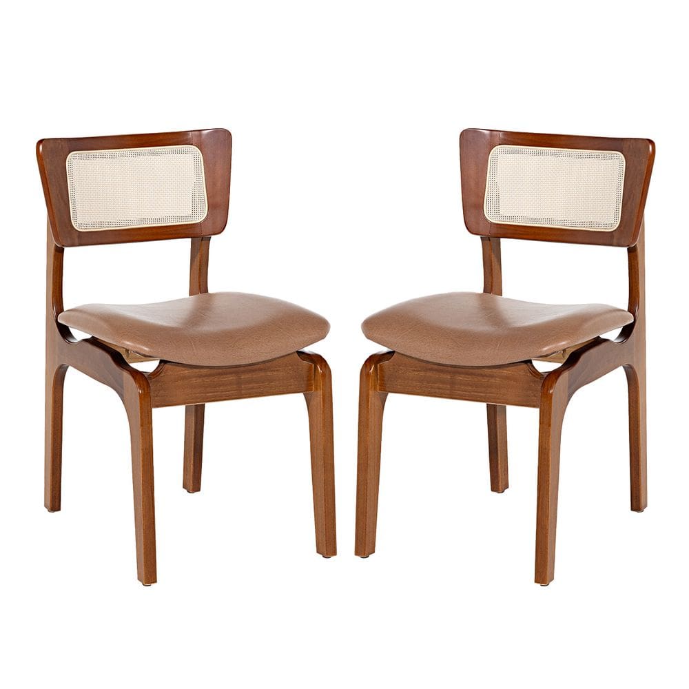 Kit 2 Cadeiras de Jantar Portugal em Madeira Imbuia Tela Rattan Impermeável Caramelo L85