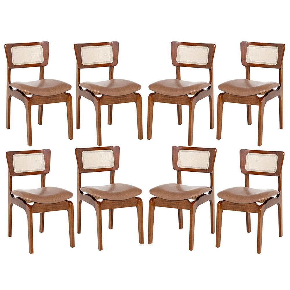 Kit 8 Cadeiras de Jantar Portugal em Madeira Imbuia Tela Rattan Impermeável Caramelo L85