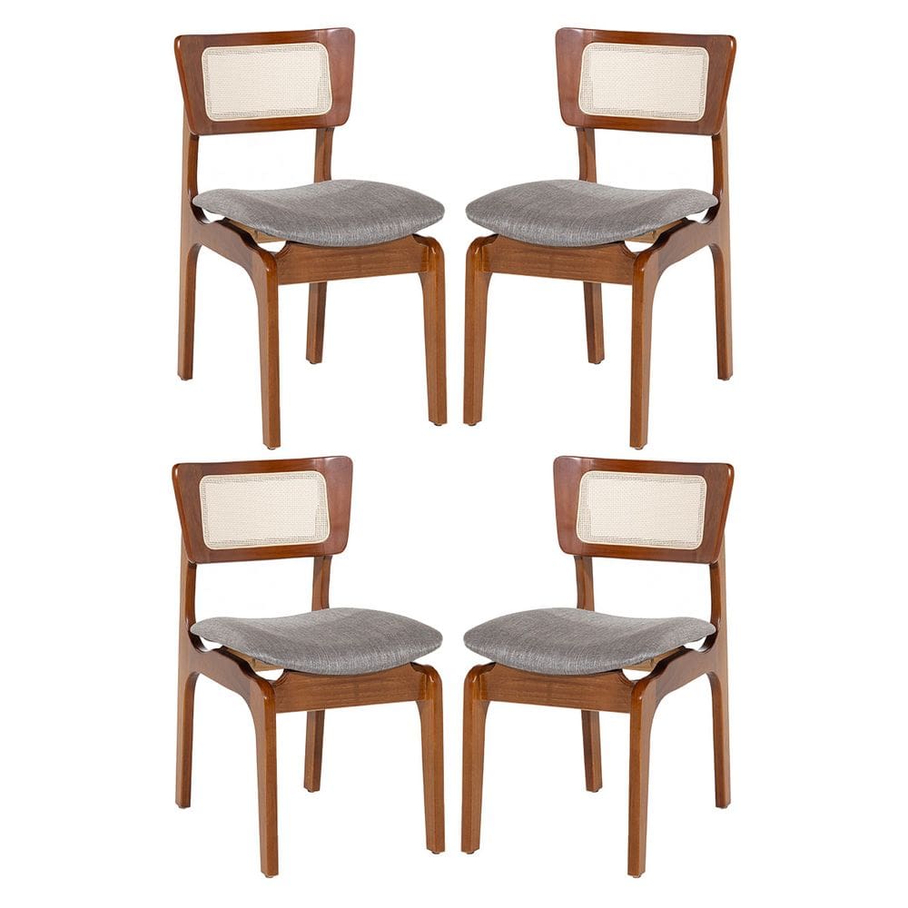 Kit 4 Cadeiras de Jantar Portugal em Madeira Imbuia Tela Rattan Linho Cinza L55