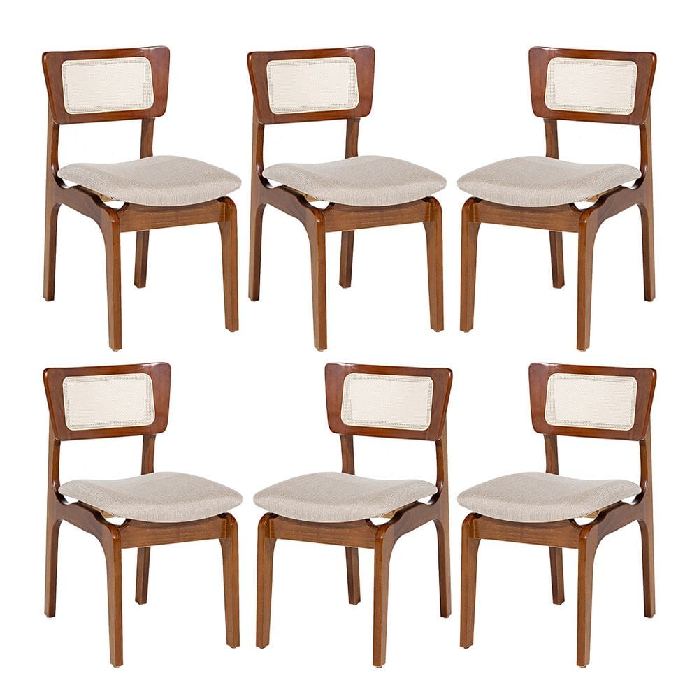 Kit 6 Cadeiras de Jantar Portugal em Madeira Imbuia Tela Rattan Linho Bege M58