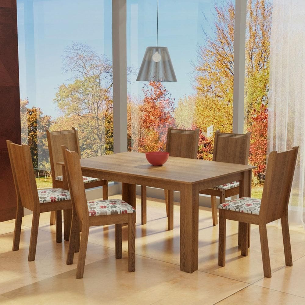 Conjunto Sala de Jantar Madesa Analu Mesa Tampo de Madeira com 6 Cadeiras - Rustic/Floral Hibiscos XV
