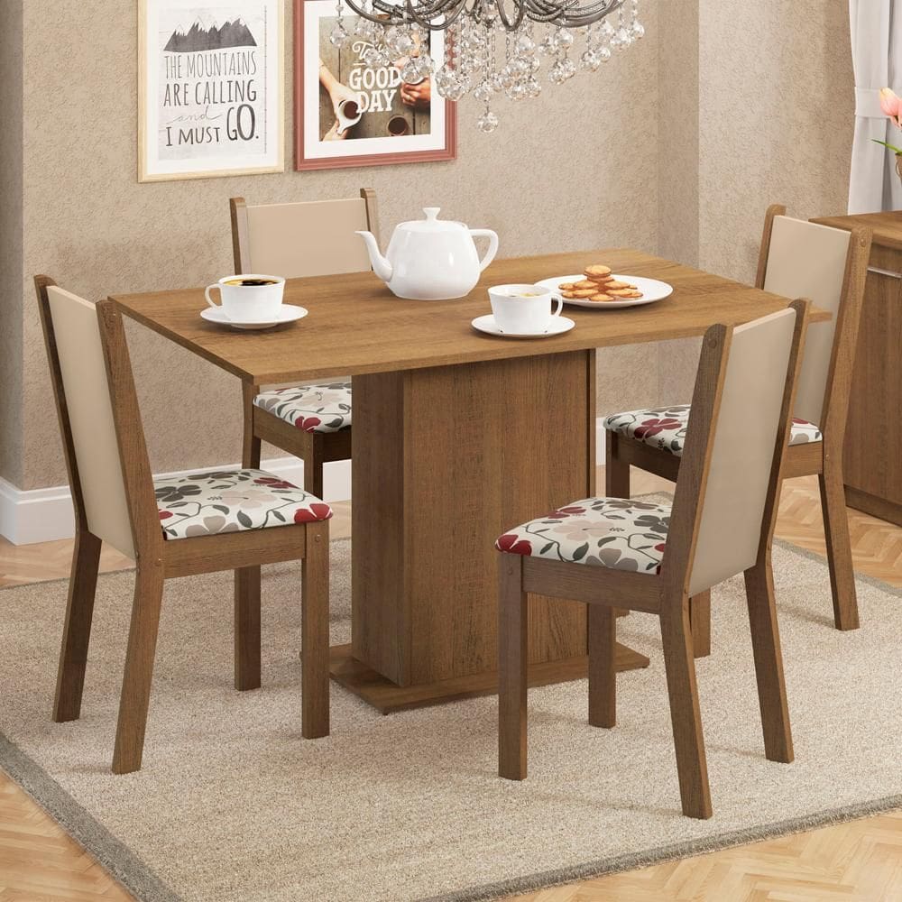 Conjunto Sala de Jantar Madesa Talita Mesa Tampo de Madeira com 4 Cadeiras - Rustic/Crema/Hibiscos XV