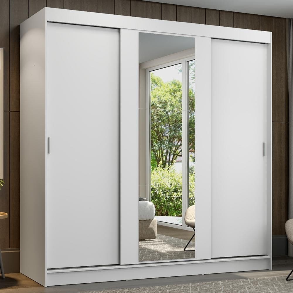 Guarda-Roupa Casal Madesa Reno 3 Portas de Correr com Espelho - Branco XV