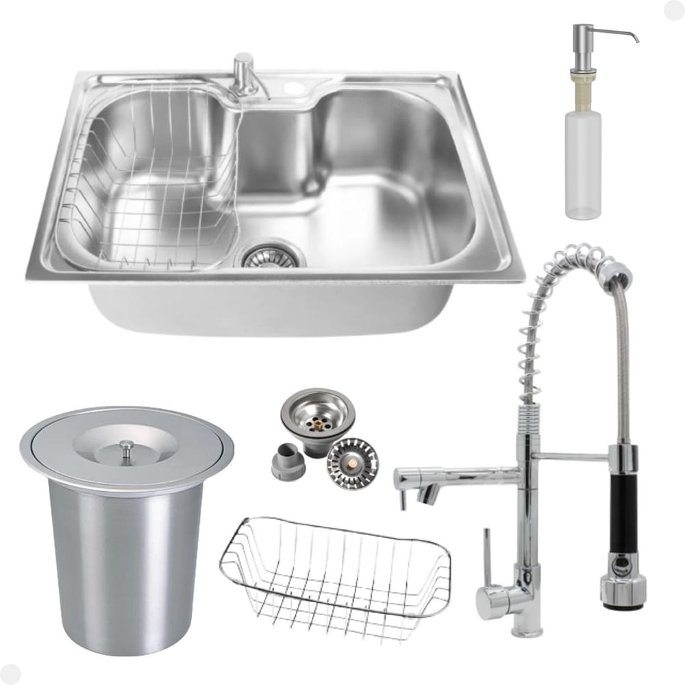 Kit Cuba Única Inox + Acessórios Com Torneira Gourmet Monocomando Vip Cromada E Lixeira de Embutir 5 Litros