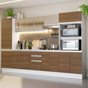 Cozinha Completa 100% MDF Madesa Smart 300 cm Com Armário e Balcão - Branco/Rustic/Crema XV