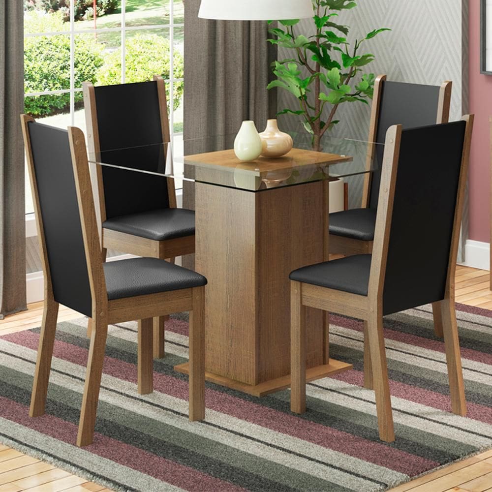 Conjunto Sala de Jantar Madesa Aline Mesa Tampo de Vidro 4 Cadeiras - Rustic/Preto/SintPreto XV