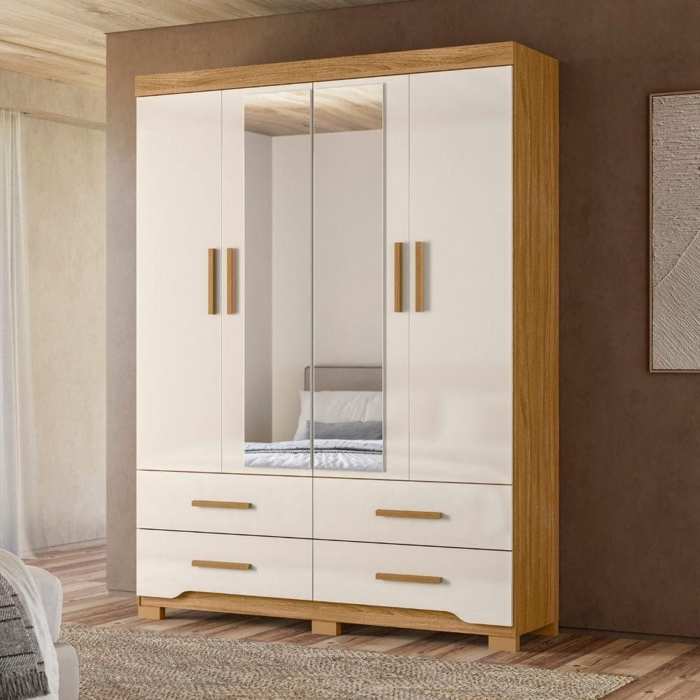 Guarda Roupa Solteiro Miami Com Espelho 4 Portas Freijó Off White Moval