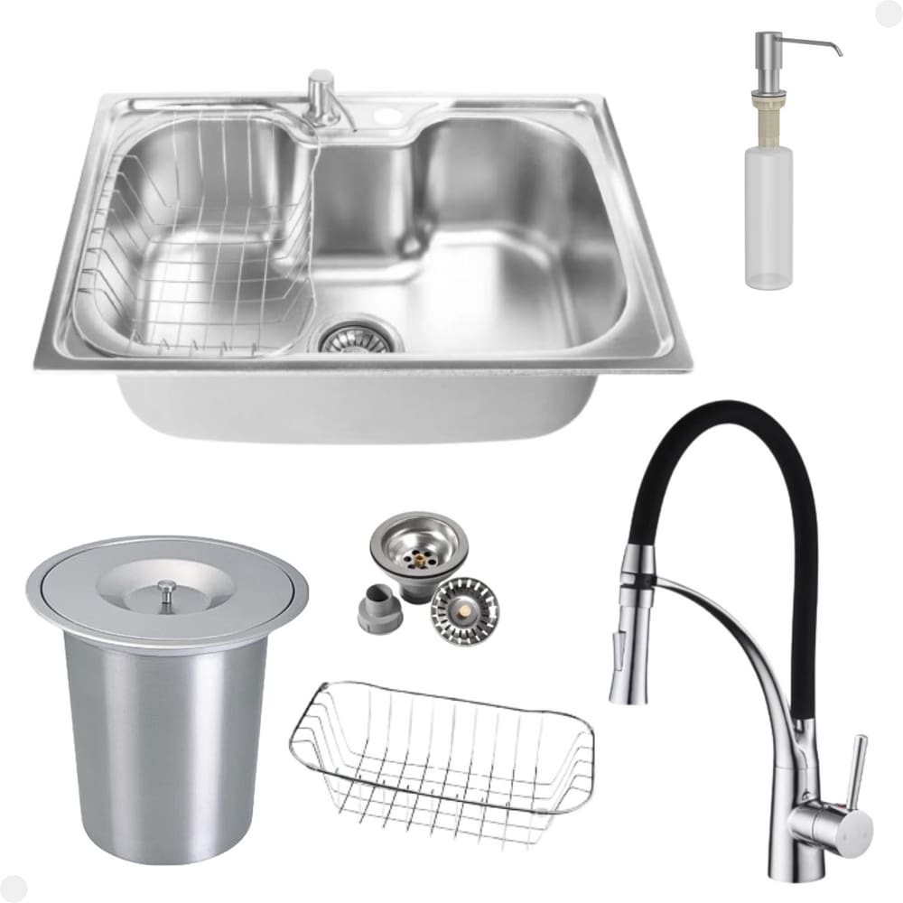 Kit Cuba Única Inox + Acessórios Com Torneira Gourmet Monocomando Flexível Preta com Acabamento Cromada E Lixeira de Embutir 5 Litros