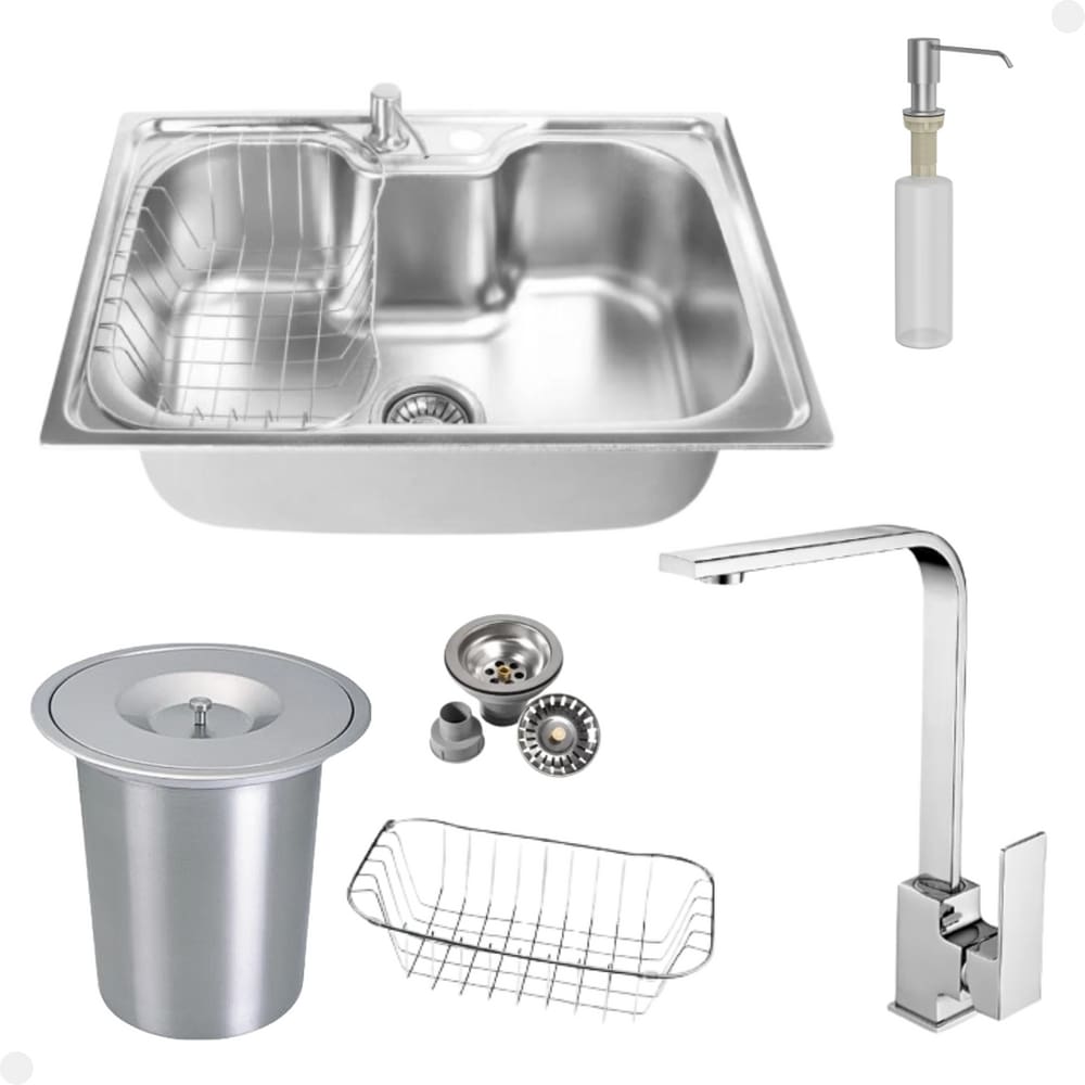 Kit Cuba Única Inox + Acessórios Com Torneira Gourmet Monocomando Slim Cromada E Lixeira de Embutir 5 Litros