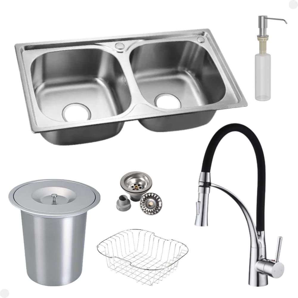 Kit Cuba Dupla Inox + Acessórios Com Torneira Gourmet Monocomando Flexível Preta Acabamento Cromada E Lixeira de Embutir 5 Litros