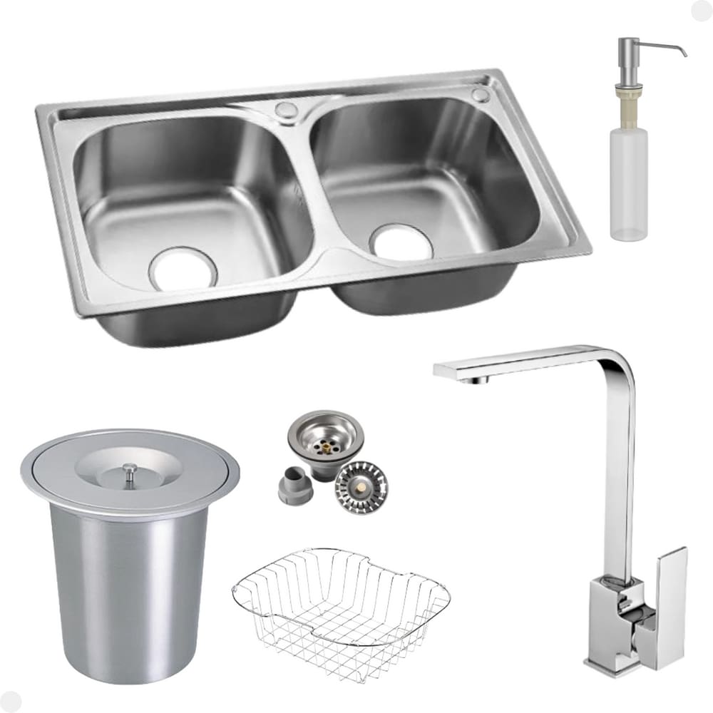 Kit Cuba Dupla Inox + Acessórios Com Torneira Gourmet Monocomando Slim Cromada E Lixeira de Embutir 5 Litros