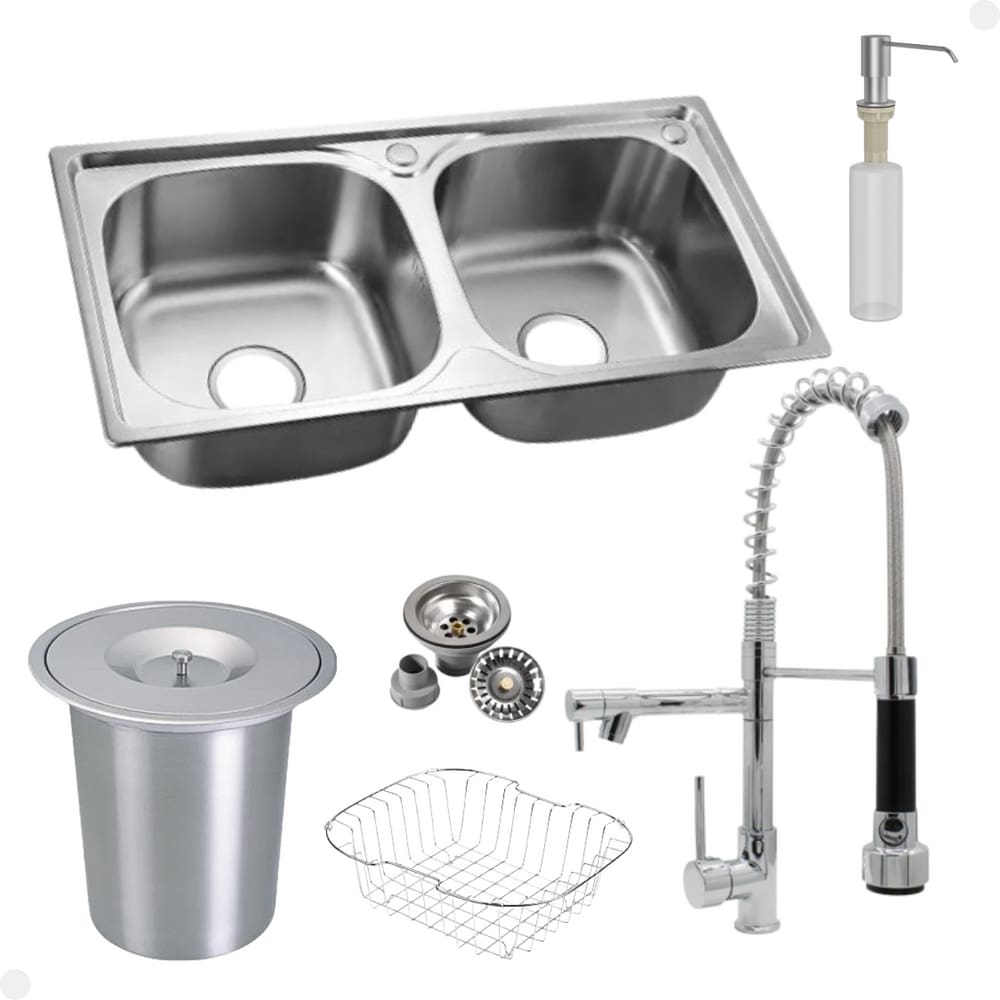 Kit Cuba Dupla Inox + Acessórios Com Torneira Gourmet Monocomando Flexível Preta Acabamento Cromada E Lixeira de Embutir 5 Litros