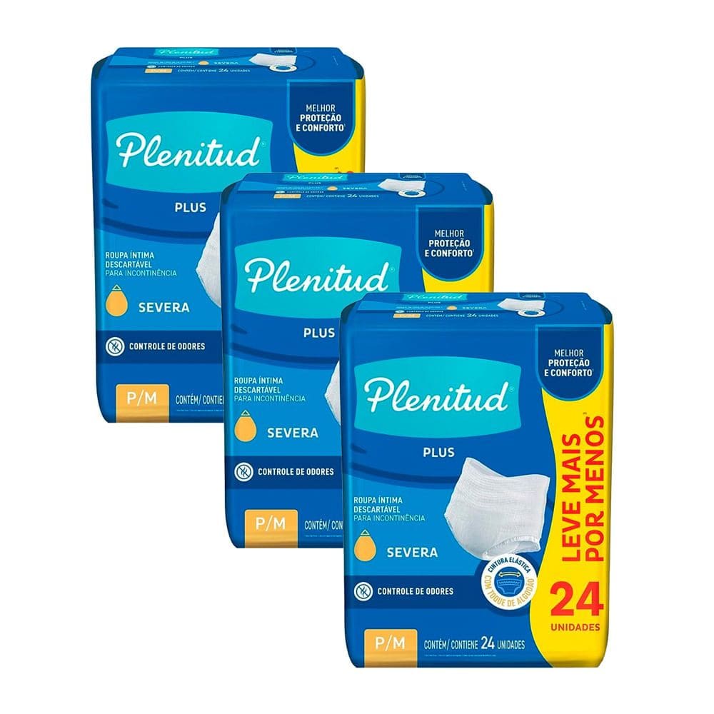 Kit 3 Roupa Íntima Plenitud Plus Unissex Tamanho P/M 24 Unidades Leve Mais Por Menos cada