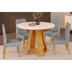 Conjunto: Mesa Sala Jantar Celeste Tampo Madeirado c/ Vidro Redondo 103x103cm e 4 Cadeiras Lia Cedro/Off White - Suede Lunar - DJ Móveis