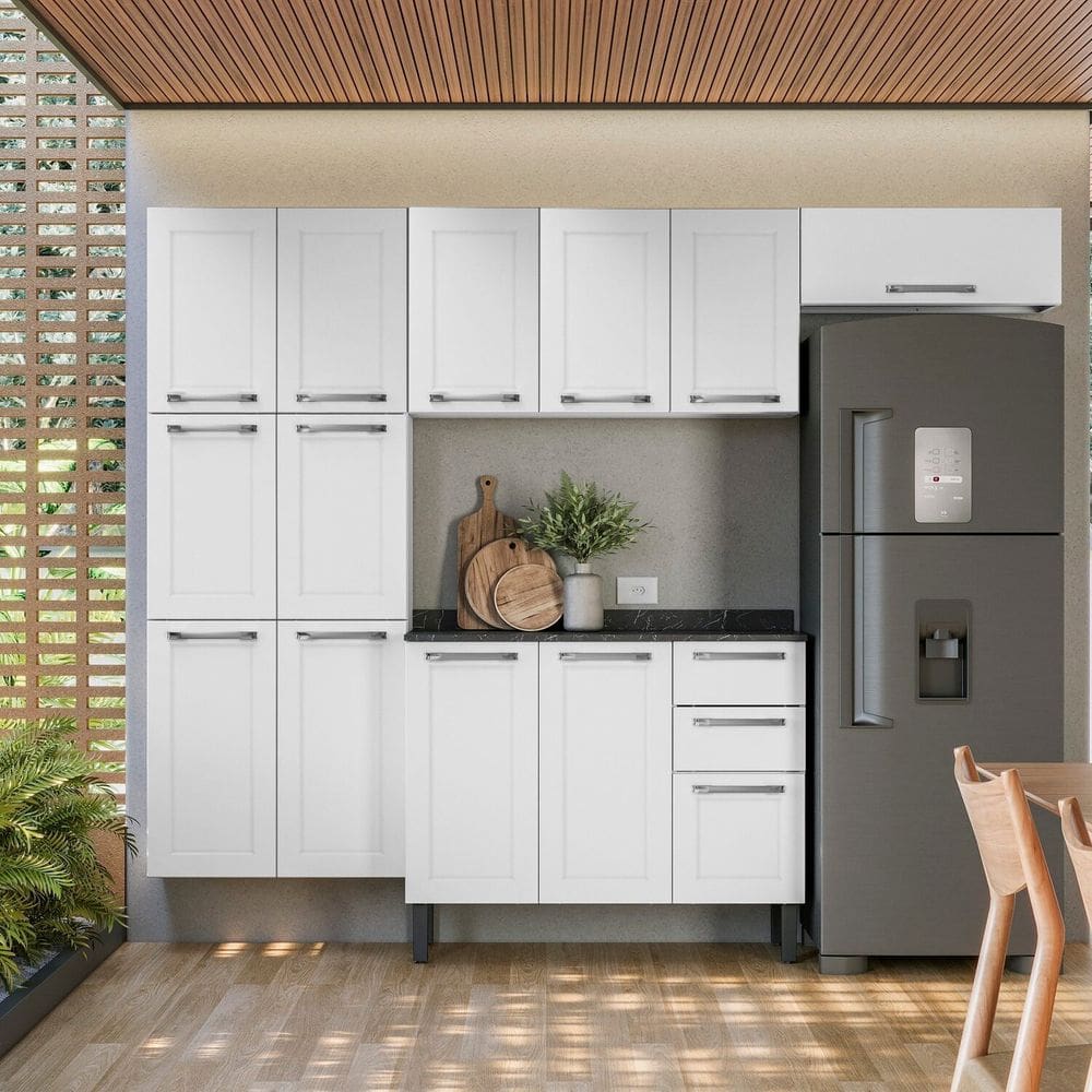 Cozinha Compacta em Aço 4 Peças 13 Portas 2 Gavetas Branco Neve