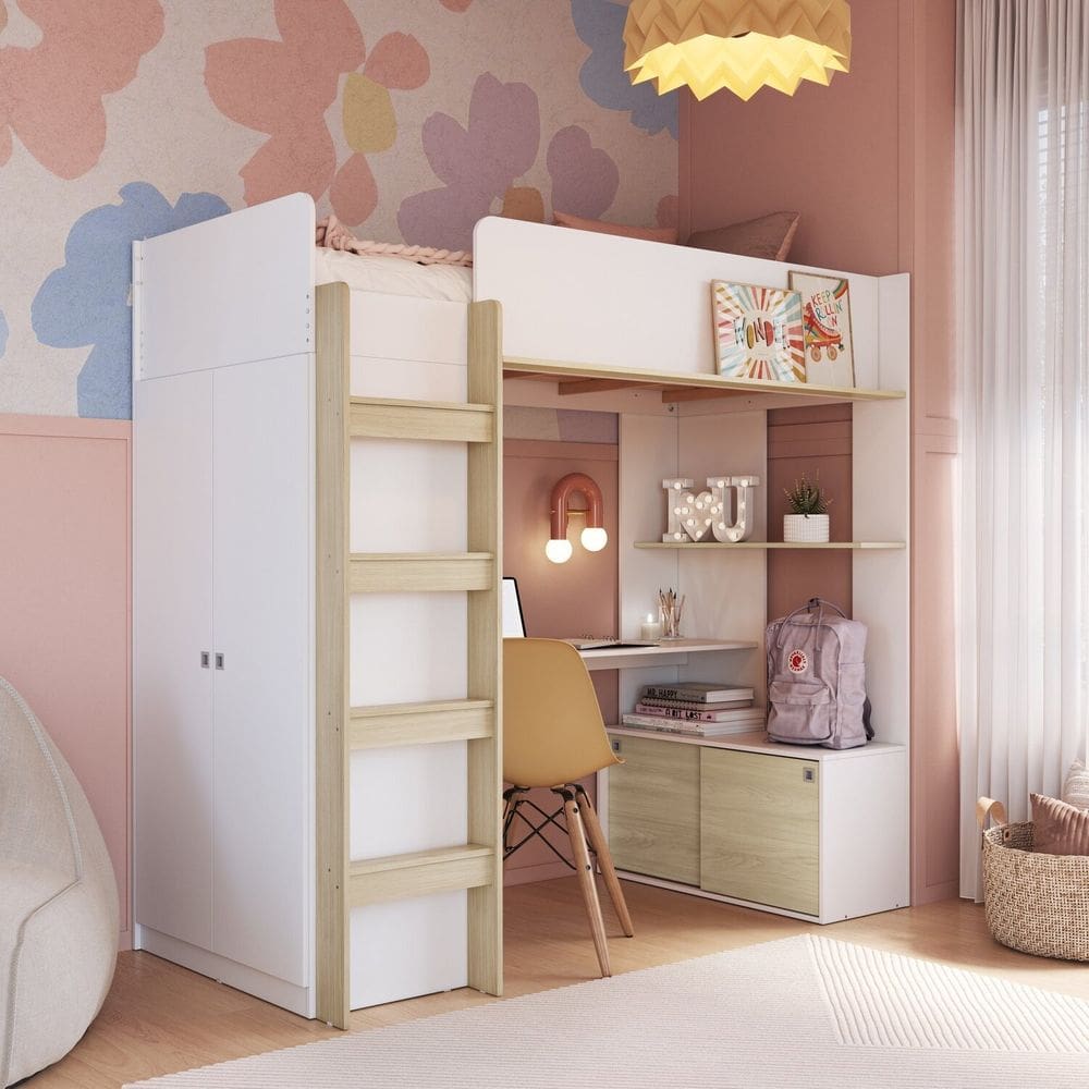 Cama Elevada Multifuncional com Armário e Escrivaninha Branco/Carvalho Araguaia