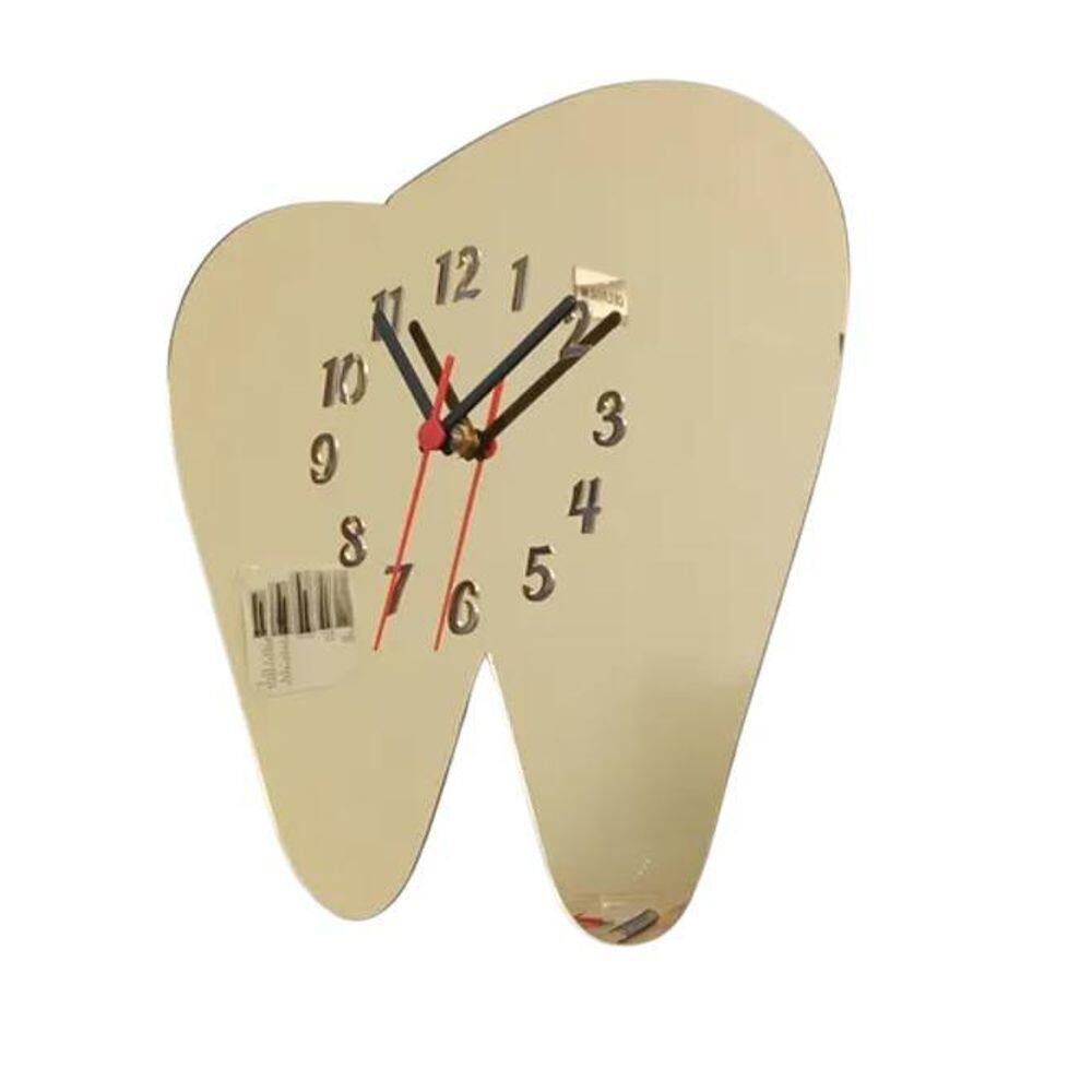 Relógio Acrílico Dente Espelhado Dourado Dentista