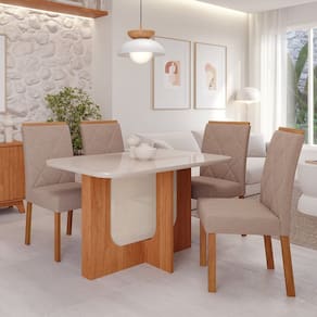 Sala de Jantar Louise 1,30 com 4 Cadeiras Fernanda Cinamomo/Offwhite/Bege