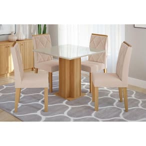 Conjunto: Mesa de Cozinha Sophia c/ Tampo Madeirado c/ Vidro 95x95cm e 4 Cadeiras Fernanda Nature/Off White-Suede Nude Bege - Cimol