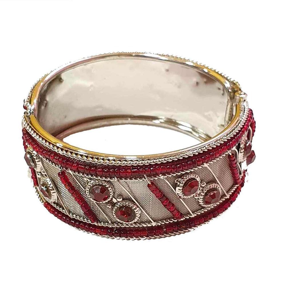 Pulseira Indiana Em Metal Prateada Com Vinho Modelo 6