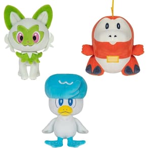 Brinquedo de pelúcia Pokémon Paldea First Partner, pacote com 3, 20 cm, Fuecoco, Quaxly e Sprigatito