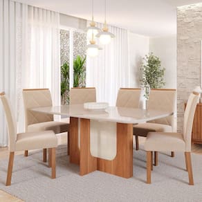 Sala de Jantar Louise 1,60cm com 6 Cadeiras Fernanda Cinamomo/ Offwhite/ Madeira /Nude