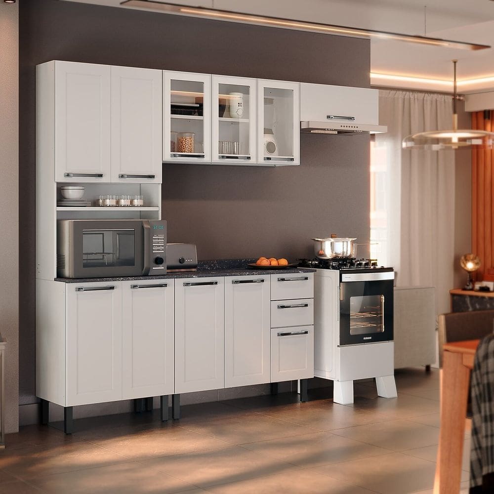 Cozinha Compacta em Aço 4 Peças 11 Portas 2 Gavetas Paneleiro Forno Branco/Neve
