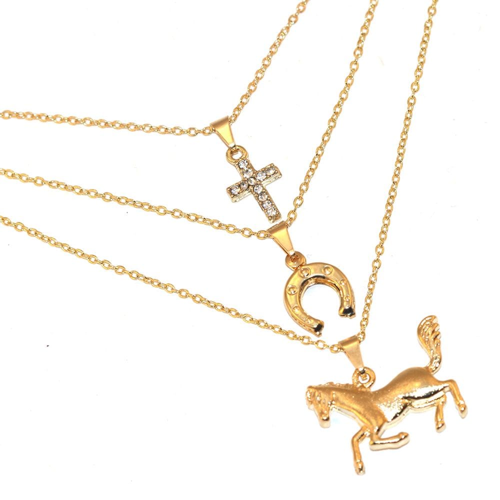 Cordão Colar Triplo Country Cavalo Ferradura Folheado 18k