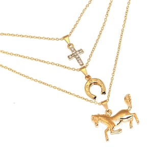 Cordão Colar Triplo Country Cavalo Ferradura Folheado 18k
