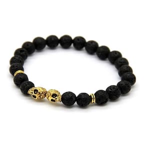 Pulseira Masculina Pedra Lava Vulcânica Caveiras Gêmeas