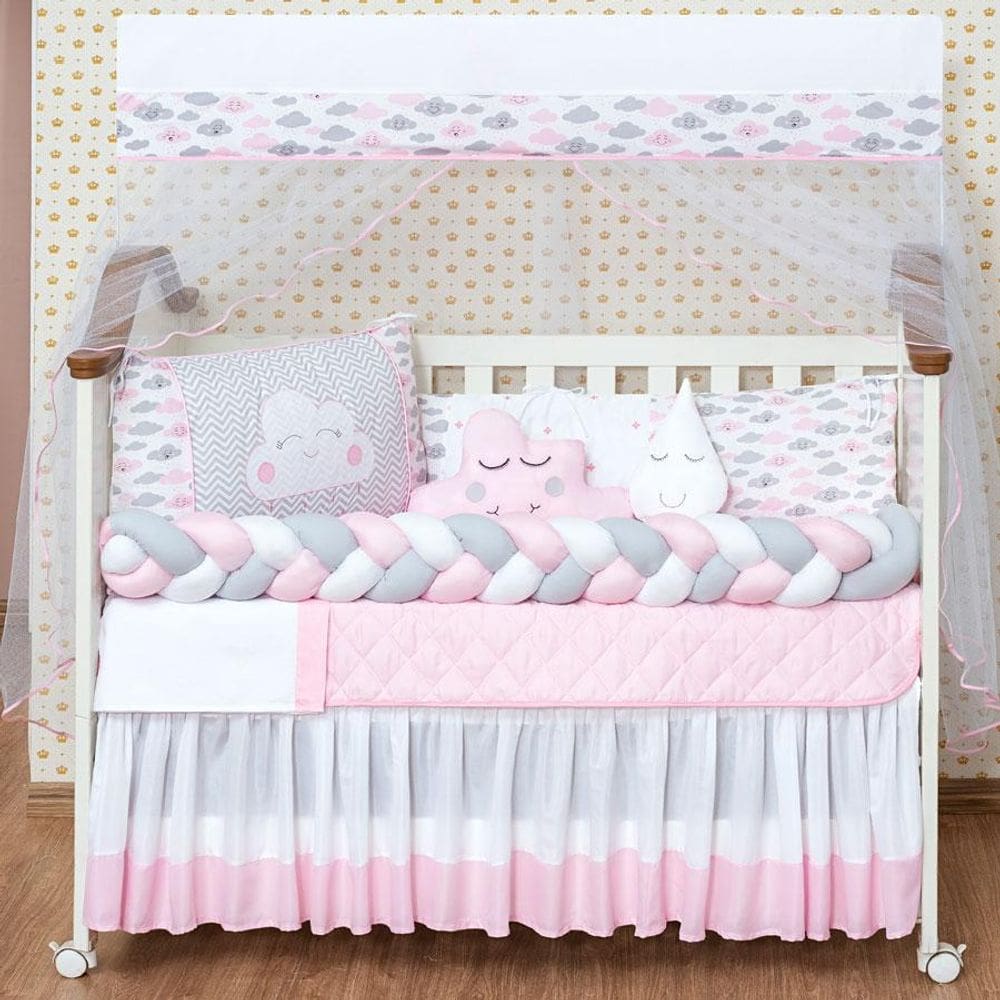 Kit de Berço Nuvem 12 Peças Rosa Claro 1,30m - 100% Algodão