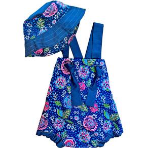 Jardineira Banho de sol bebê Menina+ chapéu de Praia Romper